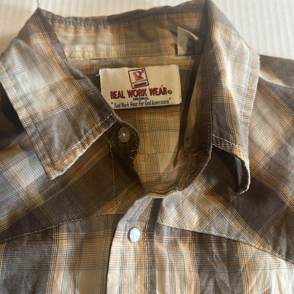 Real Work Wear Plaid Brown light brown blue Men's Shirt pearl snap buttons sz L - Picture 8 of 9